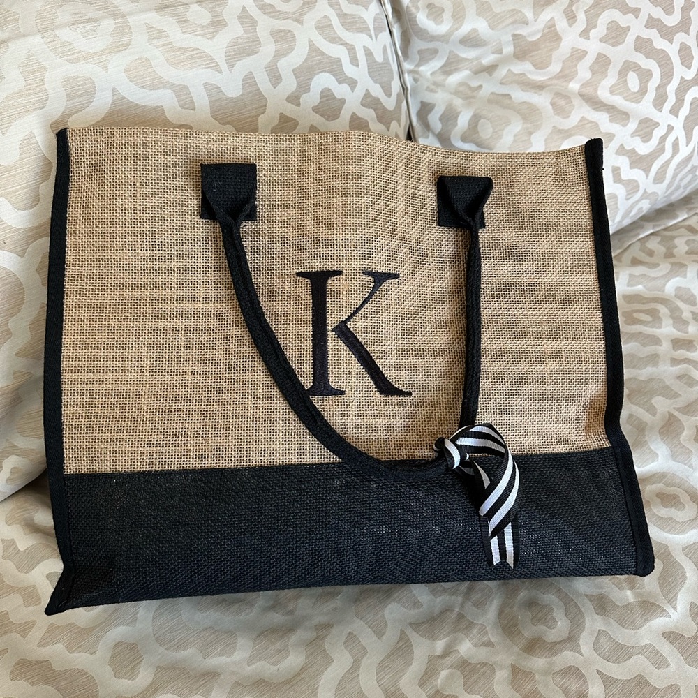 NEW Beige and Black Canvas Tote Bag Set with Initial K - Picture 2 of 3
